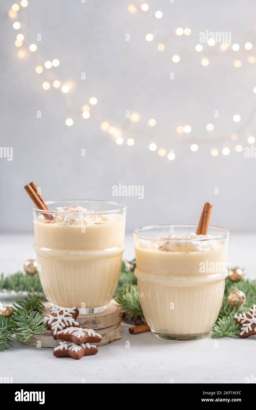 Eggnog. Traditional Christmas drink, spiced eggmilk cocktail Stock
