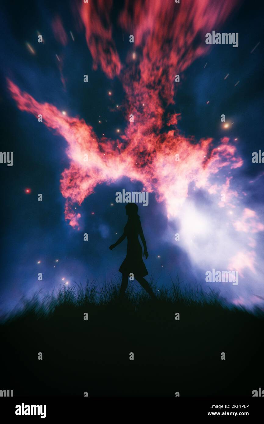 silhouette of a woman walking with a nebula background. 3D illustration ...