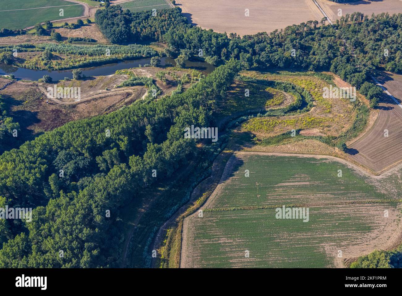 Aerial view, river Lippe meander, Lippe loop, river and floodplain development of the Lippe