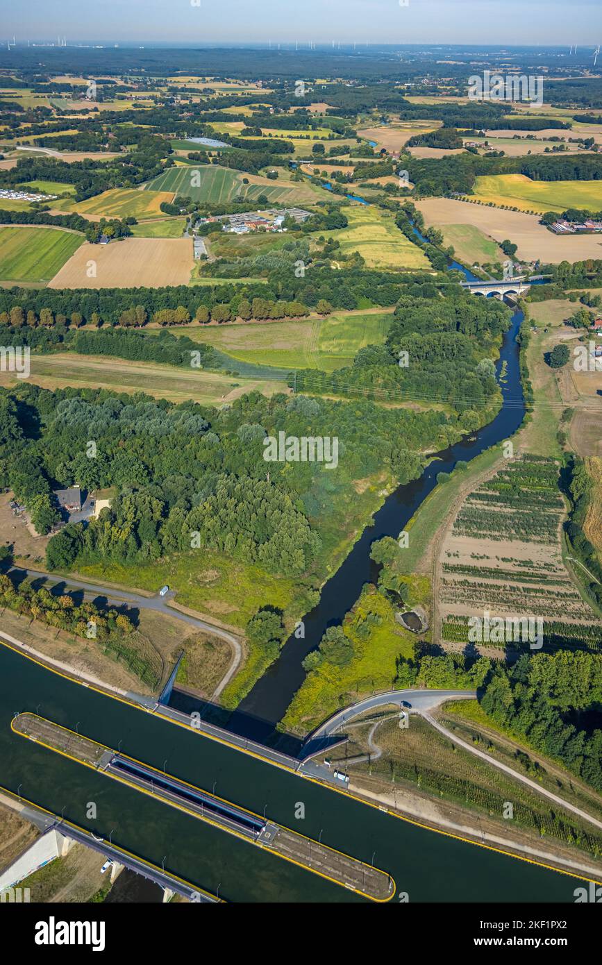 Aerial view, canal bridge Lippe Neue Fahrt, canal bridge Lippe Alte