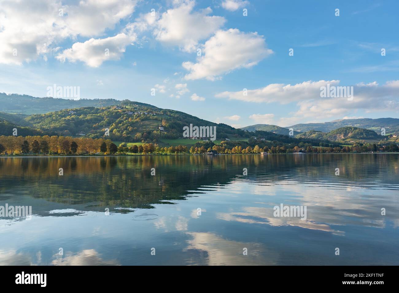 Lake Stubenbergsee in Styria, Austria. Scenic autumn landscape with reflection. Stock Photo