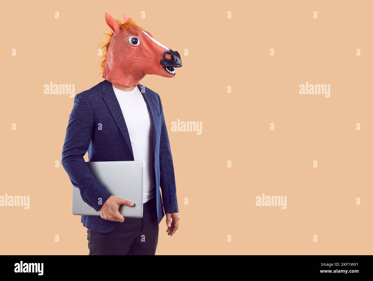 Freak bizarre anonymous guy with horse head holding laptop isolated on beige background. Stock Photo