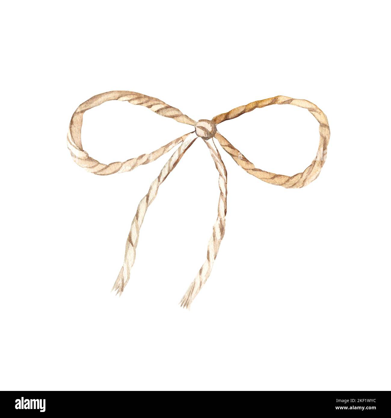 Jute cord, bow knot. Hand drawn watercolor burlap linen rope