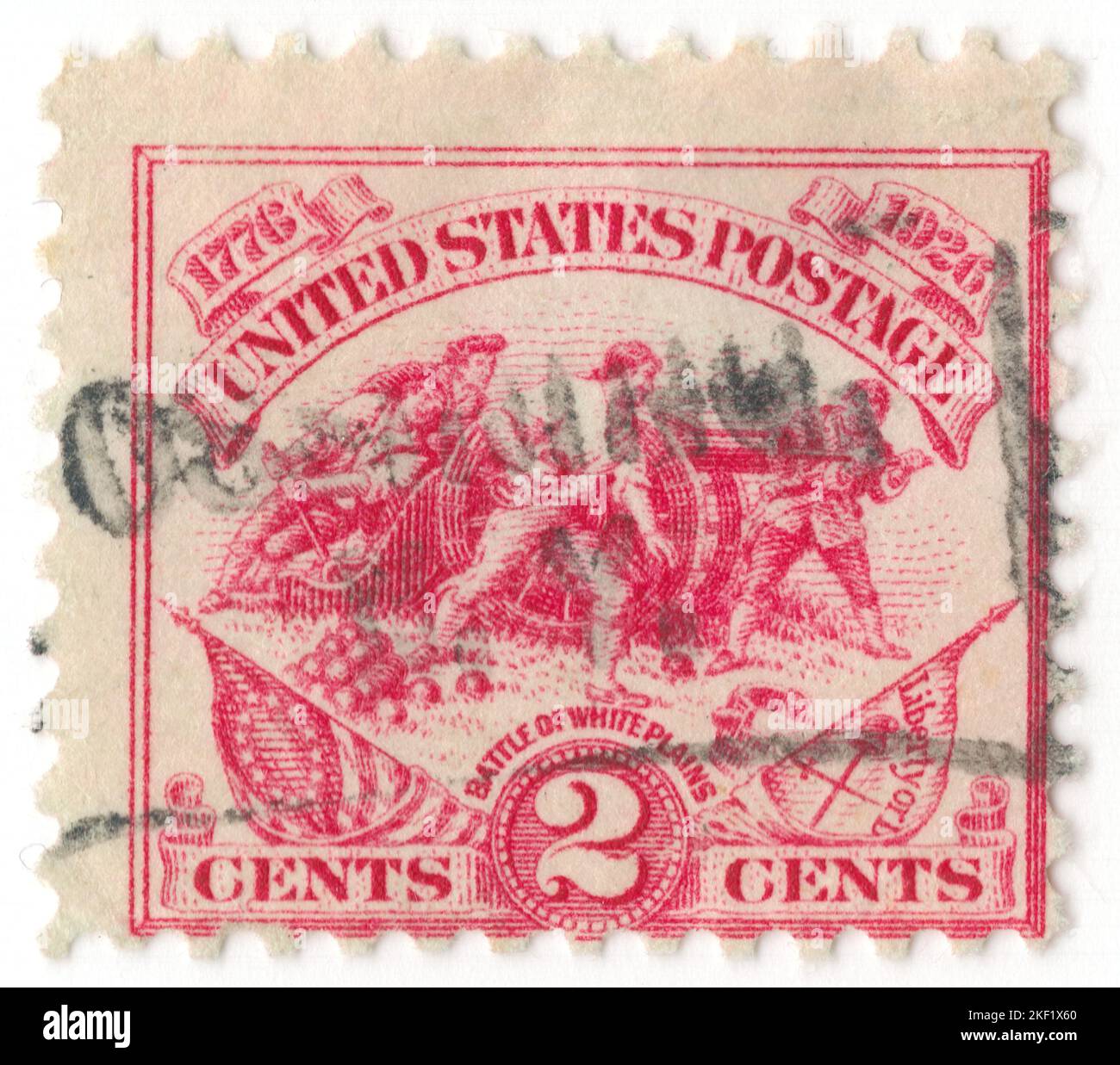 USA - 1926 October 18: An 2 cents carmine-rose postage stamp depicting Alexander Hamilton’s Battery. Battle of White Plains, New York, 150th anniversary. The Battle of White Plains was a battle in the New York and New Jersey campaign of the American Revolutionary War, fought on October 28, 1776 near White Plains, New York. Following the retreat of George Washington's Continental Army northward from New York City, British General William Howe landed troops in Westchester County, intending to cut off Washington's escape route Stock Photo