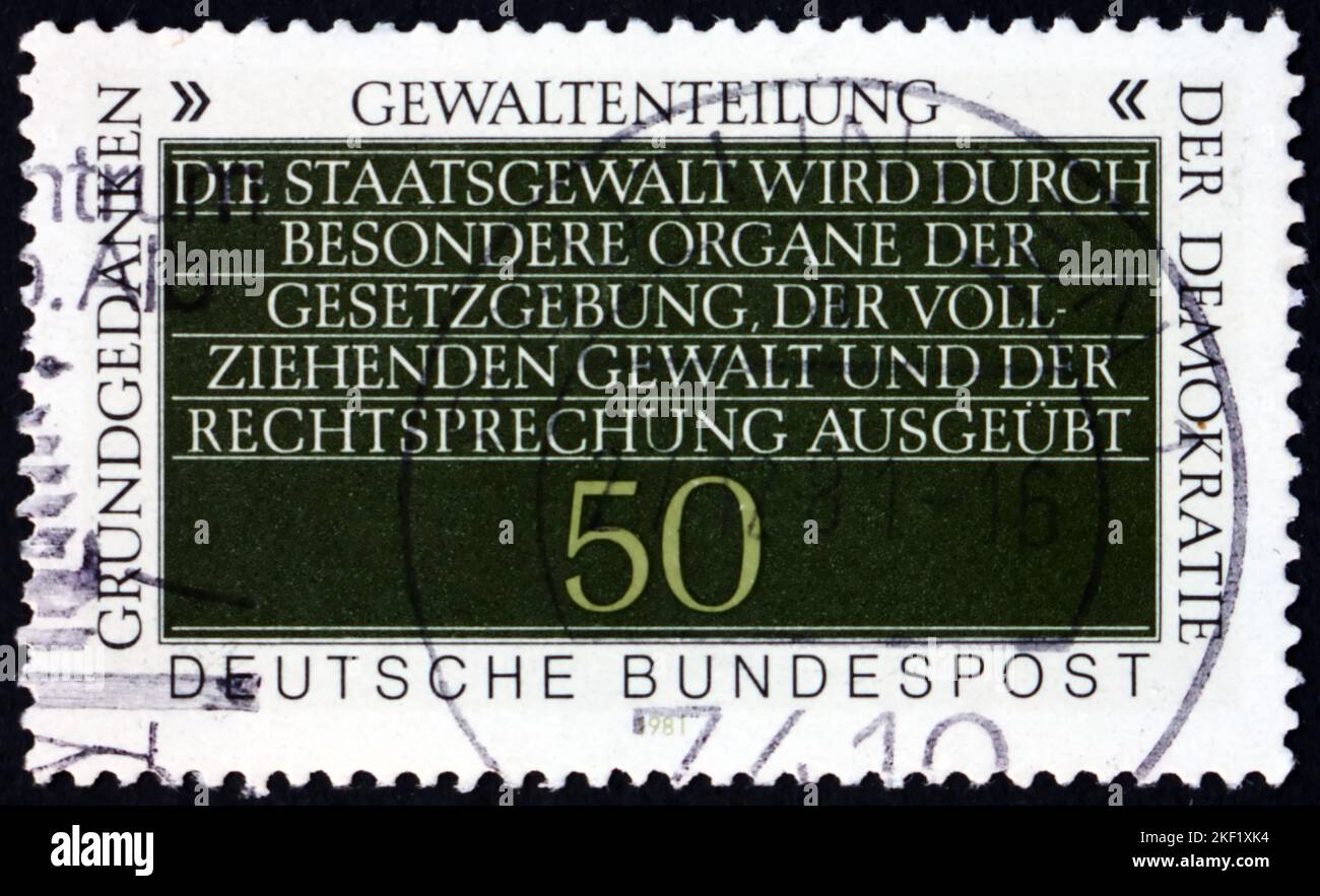 GERMANY - CIRCA 1981: a stamp printed in Germany shows Separation of Powers, Fundamental Concept of Democracy, circa 1981 Stock Photo