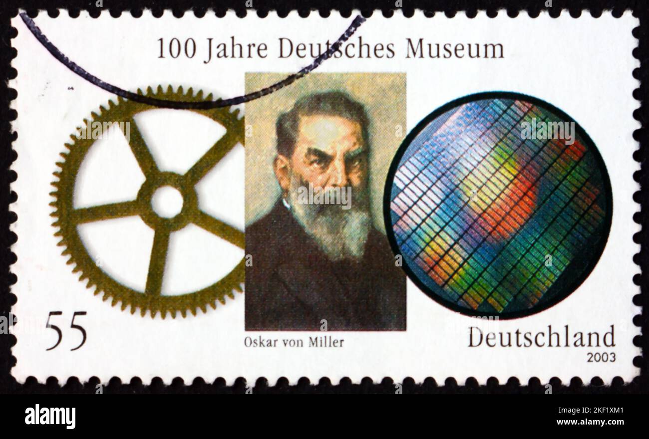 GERMANY - CIRCA 2003: a stamp printed in Germany shows Oskar von Miller (1855-193), was a German engineer and founder of the Deutsches Museum, centena Stock Photo