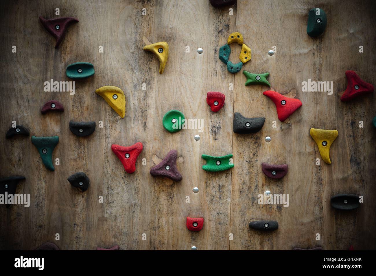 A view of the climbing wall with colorful grips over a wooden structure