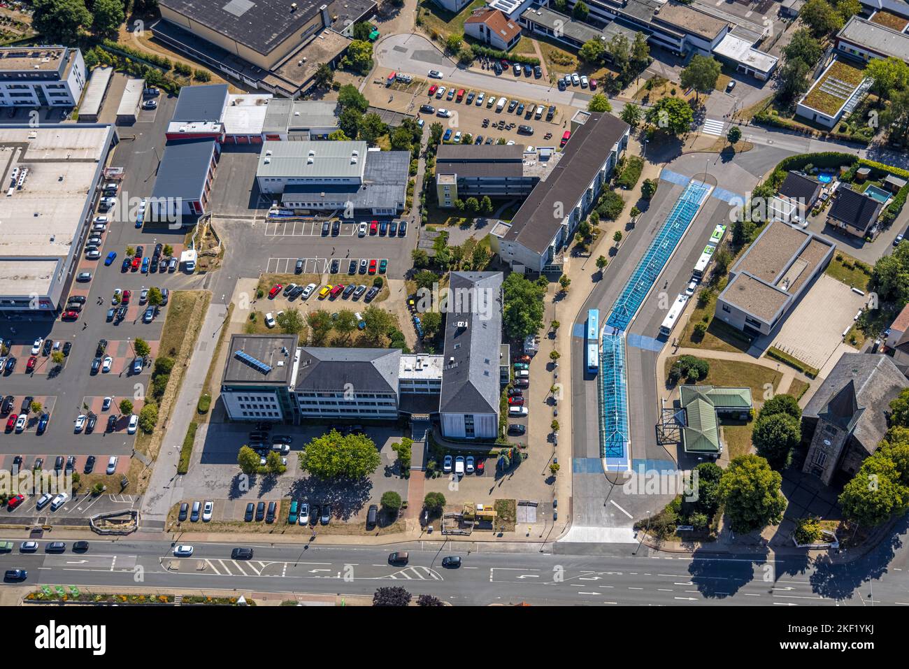 Aerial view, city with city hall and bus station, Haßlinghausen, Sprockhövel, Ruhr area, North Rhine-Westphalia, Germany, Authority, Bus station, DE, Stock Photo