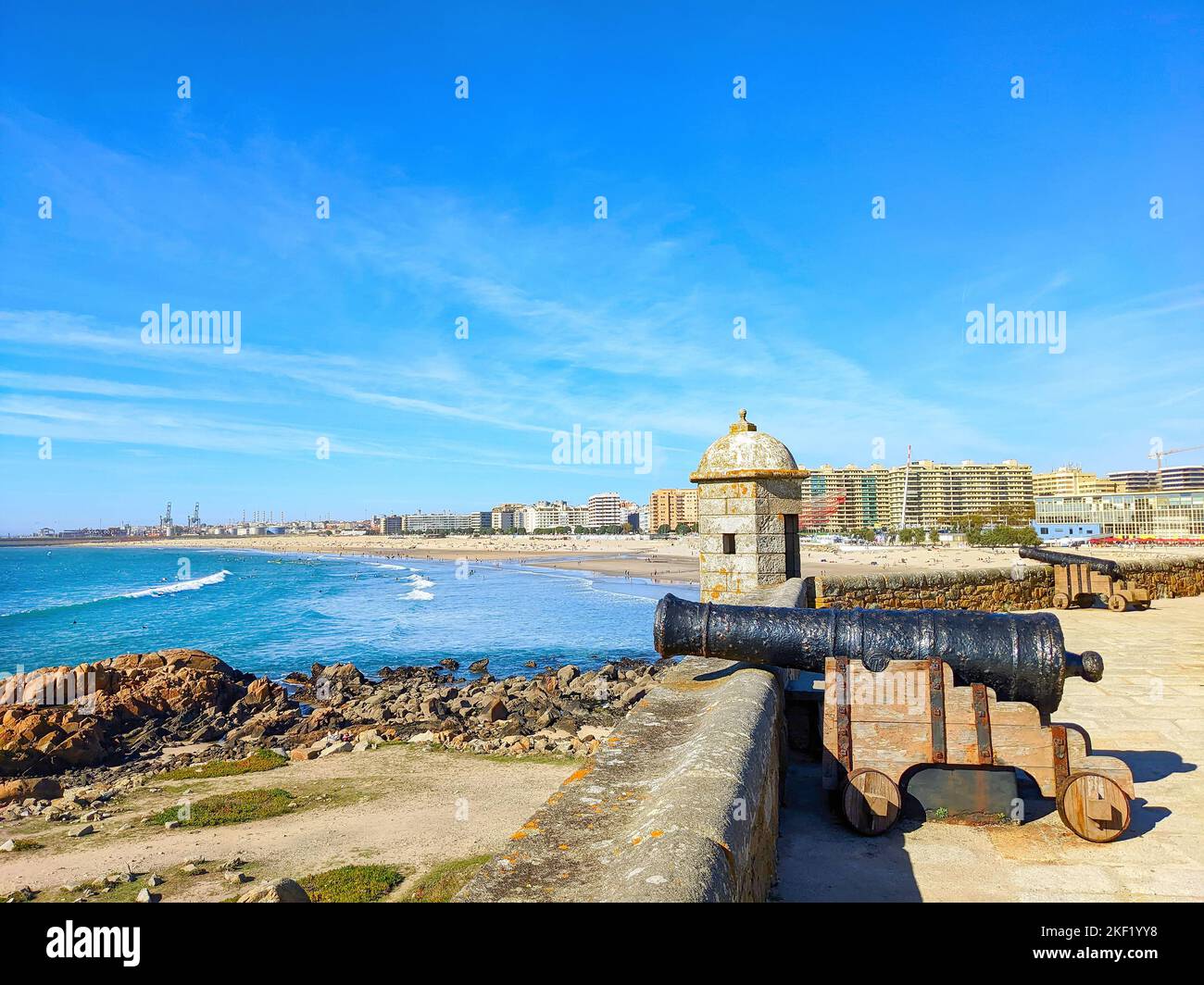 Queijo fort on the Matosinhos beach, cityscape and port Leixoes in background, Porto, Portugal Stock Photo