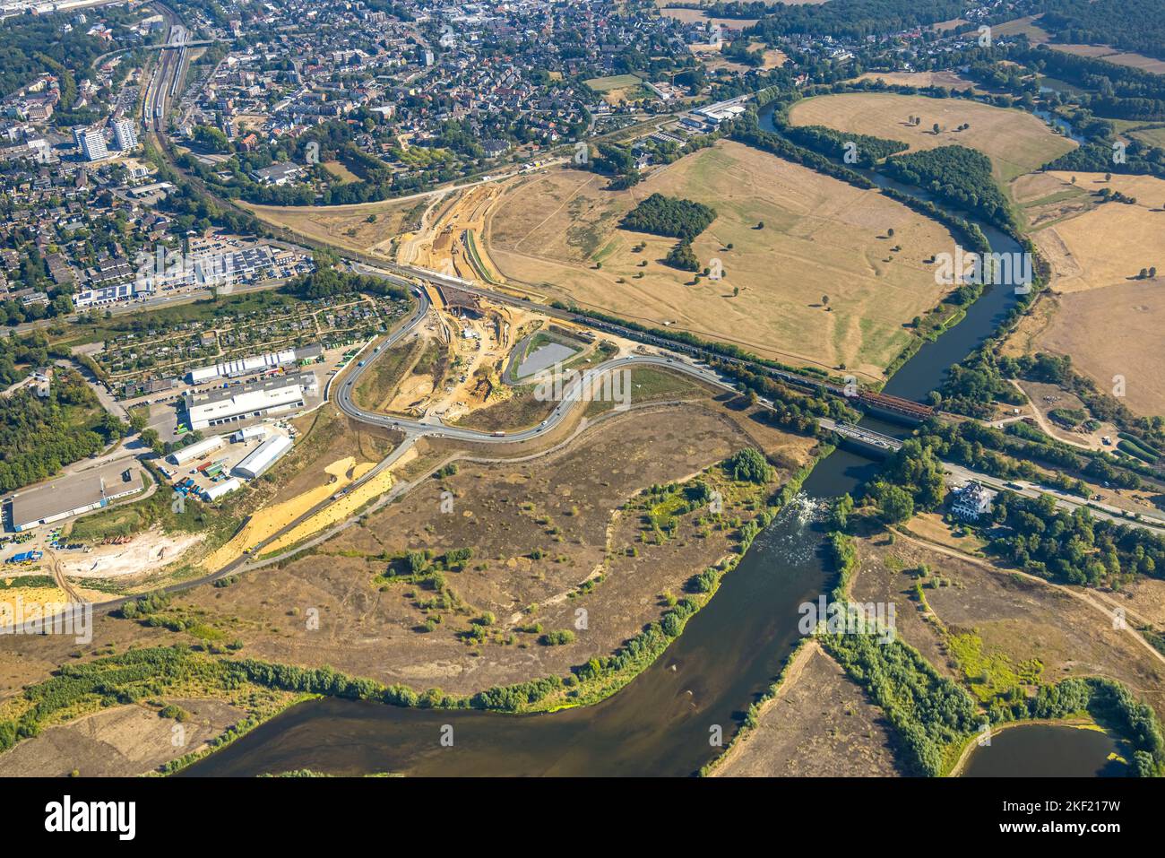 Aerial view, Lippe estuary area, Lippe floodplain, construction site and new construction extension federal road B8, sliding bottom - rippling water, Stock Photo