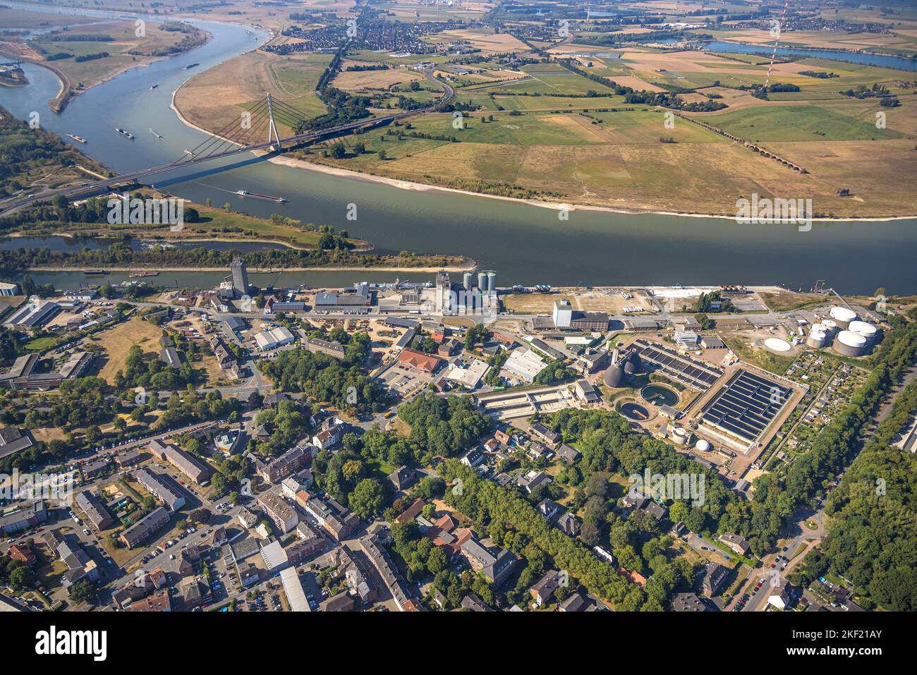 Aerial view, mouth of river Lippe into river Rhine, port of Wesel, bridge over lower Rhine Wesel, inland navigation, Wesel, Ruhr area, North Rhine-Wes Stock Photo