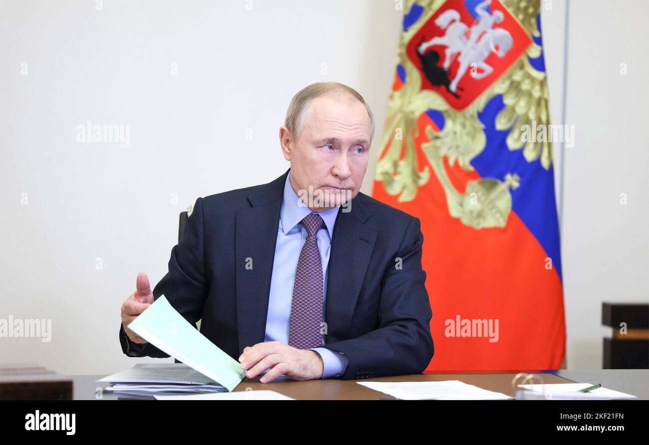 Moscow, Russia. 15th Nov, 2022. Russian President Vladimir Putin holds a video meeting with members of the Pobeda Organising Committee from the official state residence at Novo-Ogaryovo, November 15, 2022 outside Moscow, Russia. Credit: Gavriil Grigorov/Kremlin Pool/Alamy Live News Stock Photo