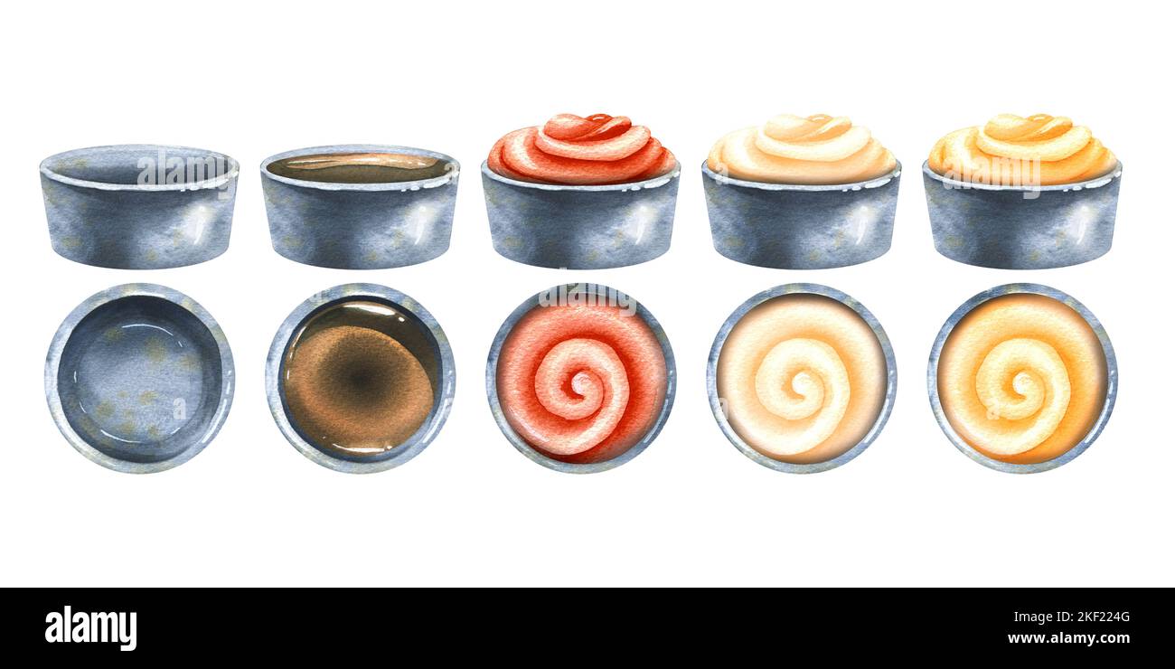 Ceramic saucepan side and top view, empty and with different sauces