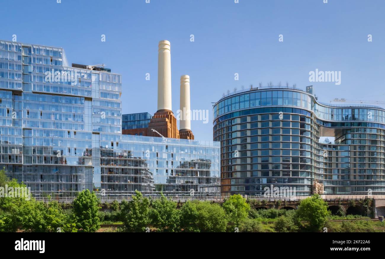 View at two of four chimneys of iconic London landmark Battersea Power