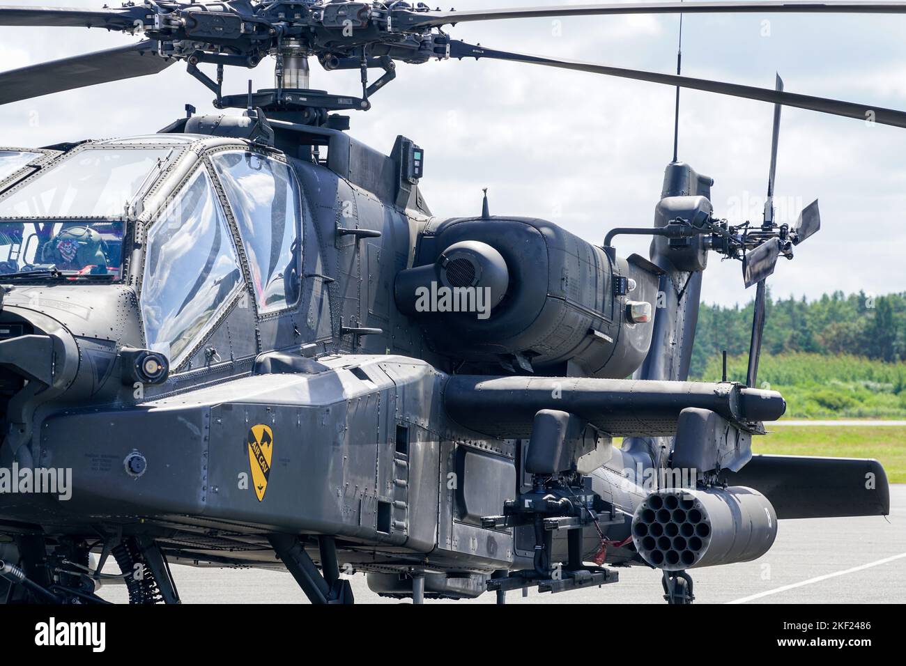 Liepaja, Latvia - August 07, 2022: AH-64D Apache attack helicopter from United States army after landing at the airport runway Stock Photo