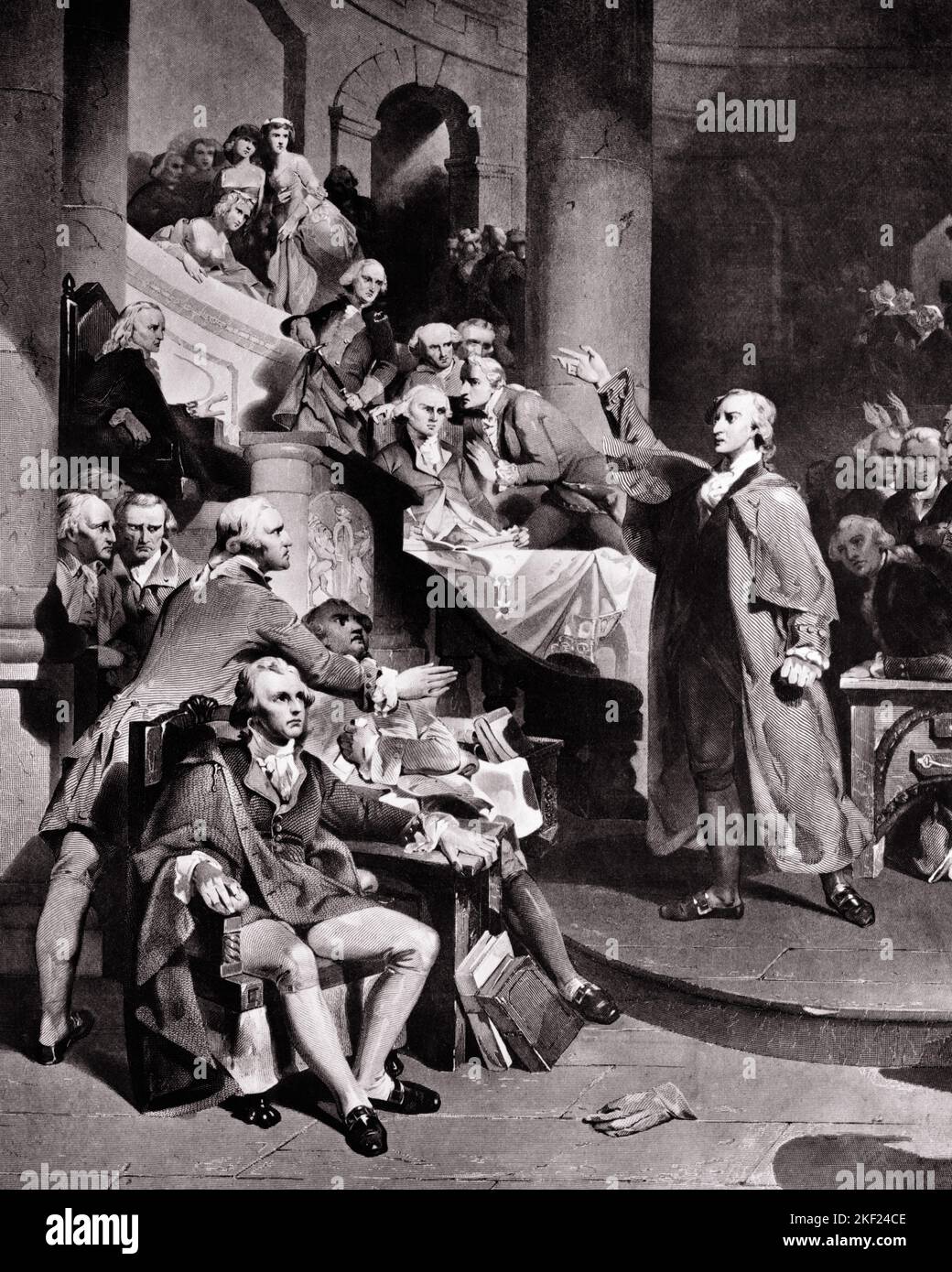 1770s 1775 PATRICK HENRY DELIVERING HIS GIVE ME LIBERTY OR GIVE ME DEATH SPEECH TO THE SECOND VIRGINIA CONVENTION IN RICHMOND VA - a6170 SPL001 HARS CONCEPTUAL SECOND PLANTER REVOLT AMERICAN REVOLUTIONARY WAR OR 1770s COLONIES IDEAS PATRICK STATESMAN VA 1775 BLACK AND WHITE FOUNDING FATHER HENRY OLD FASHIONED RICHMOND Stock Photo