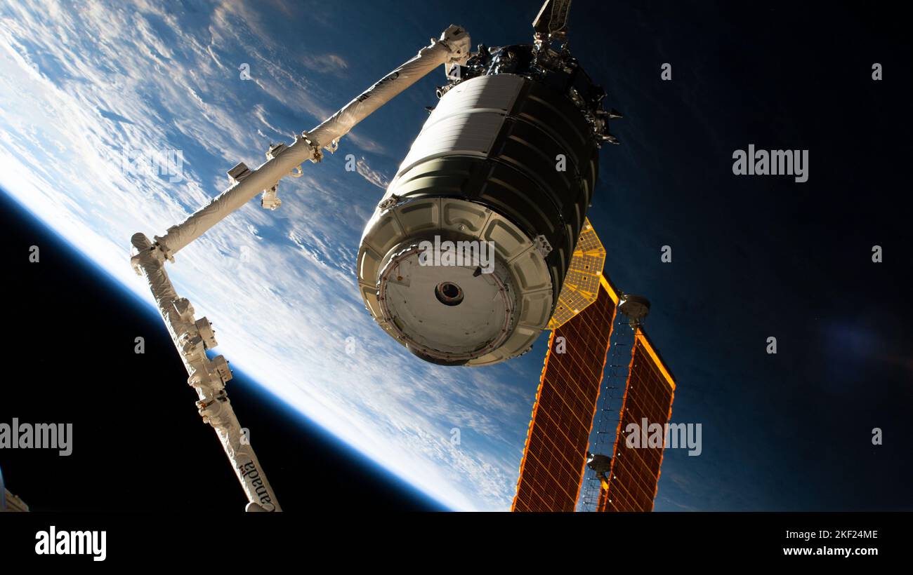 International Space Station, EARTH ORBIT. 09 November, 2022. The Northrop Grumman Cygnus unmanned space freighter, in the grip of the CanadaArm2 robotic arm is moved to dock position with the Unity module at the International Space Station, November 9, 2022 in Earth Orbit.  Credit: NASA/NASA/Alamy Live News Stock Photo
