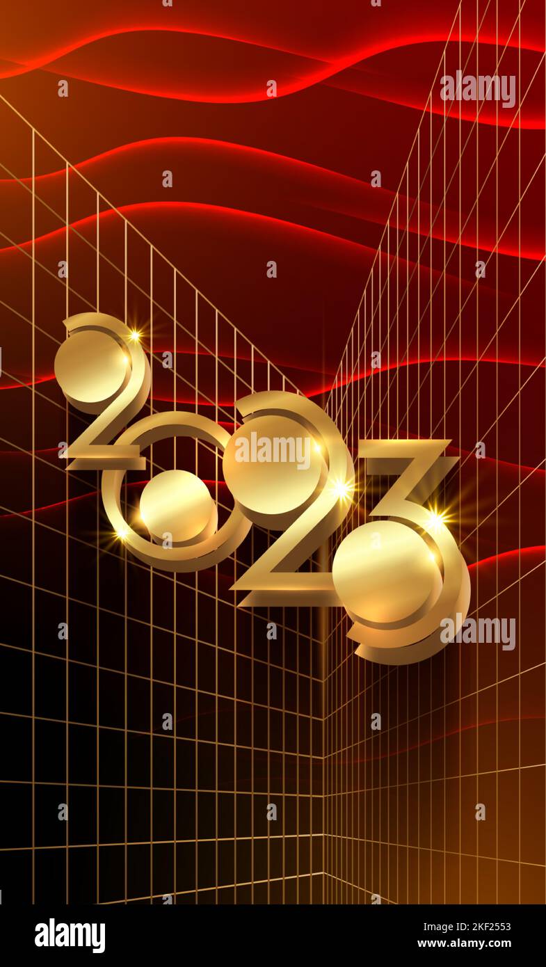 2023 new year greeting card with golden 3d number of the golden modern perspective. Art Deco style. Technology party concept. Banner, template luxury Stock Vector