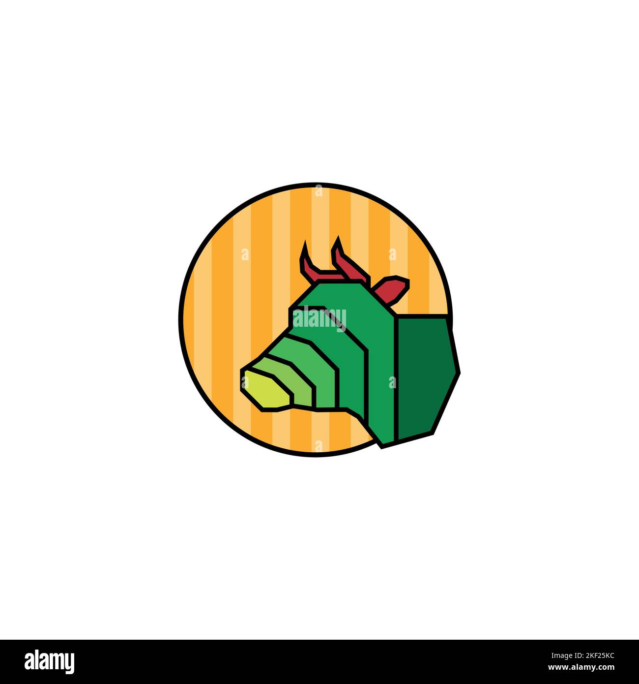 A green bull with red horns on an orangestriped circle isolated on