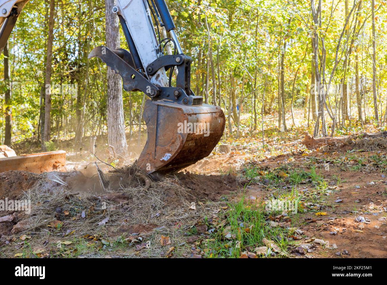 Tractors skid steers were used to clear large area of land from roots