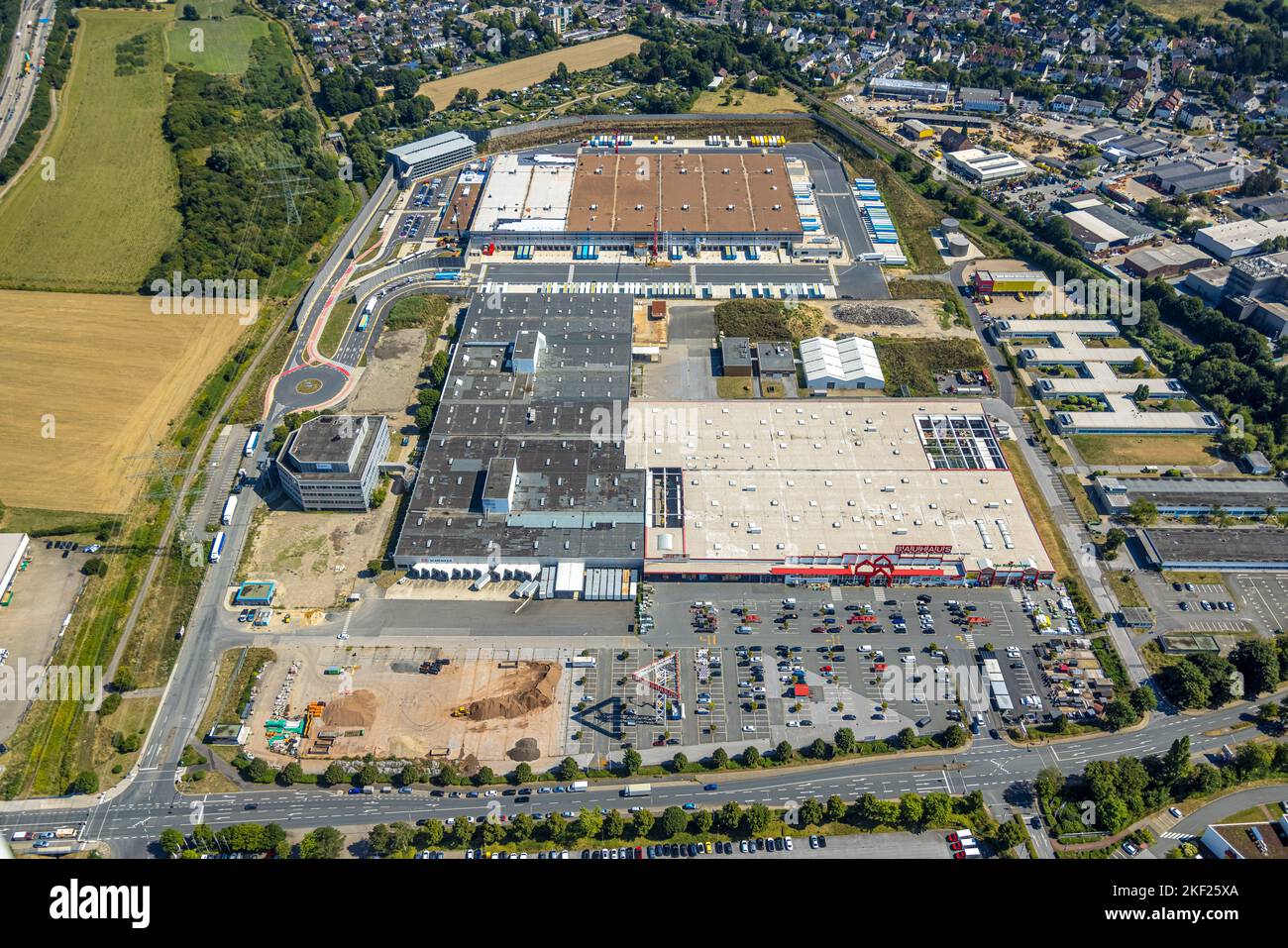 Aerial view, Amazon logistics center, Bauhaus, Faveley Transport