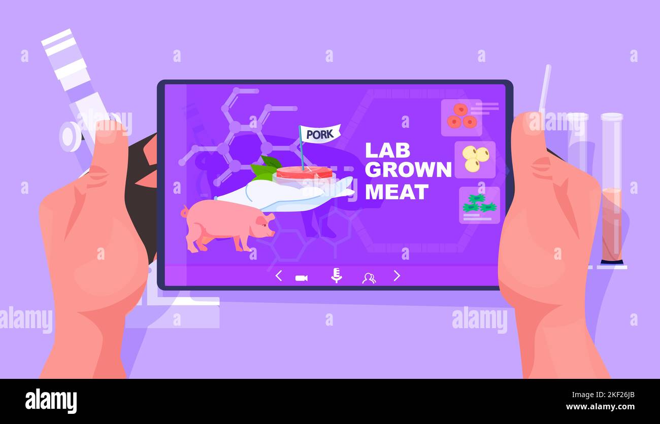 scientist analyzing dna of cultured pork meat on tablet pc screen