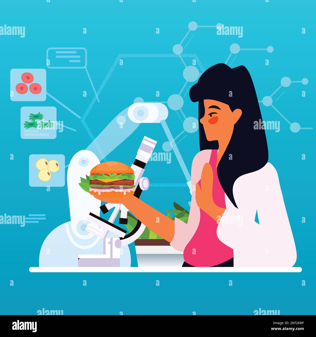 woman scientist analyzing cultured beef burger made from animal cells