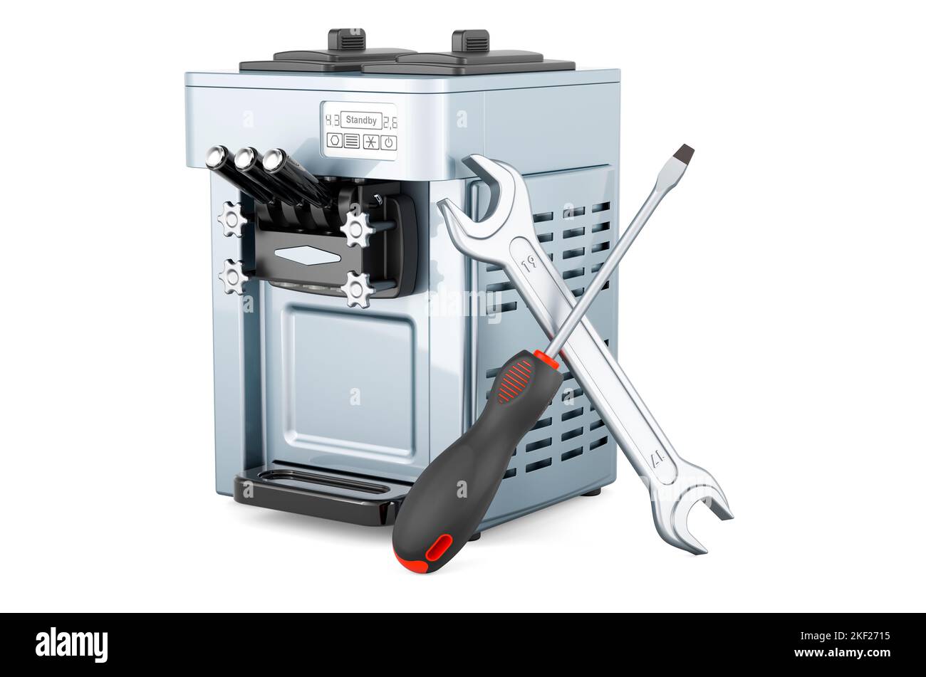 Commercial ice cream machine with screwdriver and wrench, 3D rendering
