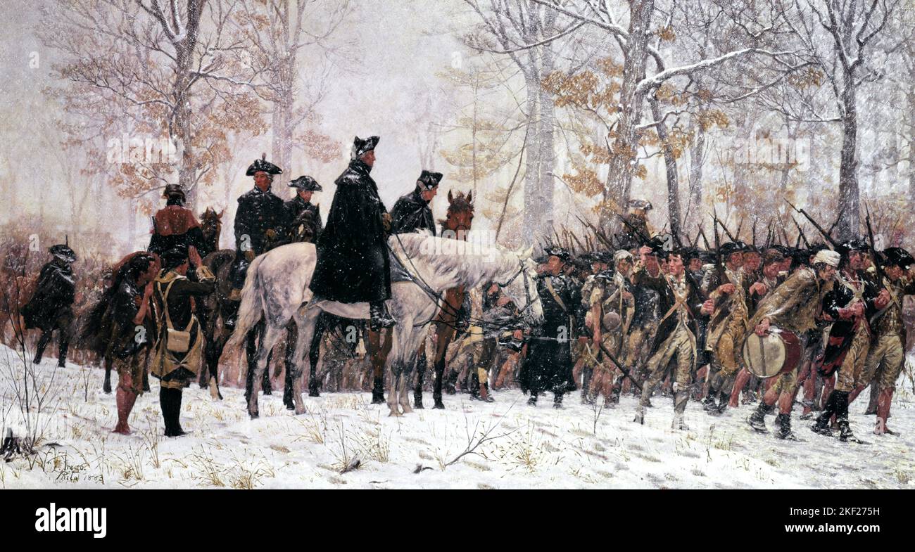 1770s GEORGE WASHINGTON REVIEWING TROOPS ON THE MARCH TO VALLEY FORGE DECEMBER 16 1777 PAINTED BY ARTIST WILLIAM T TREGO IN 1883 - ka1102 HAR001 HARS MAMMALS VALLEY FORGE PA POLITICIAN 1776 MARCH PAINTED PATRIOT TROOPS UNIFORMS WAR OF INDEPENDENCE DECEMBER REVIEWING ARTS REVOLUTIONARY WAR GEORGE WASHINGTON REVOLT AMERICAN REVOLUTIONARY WAR WINTERY 1770s 1777 ARTWORK COLONIES MAMMAL STATESMAN TALENT 1883 CONTINENTAL ARMY FOUNDING FATHER HAR001 OLD FASHIONED VIRGINIAN Stock Photo