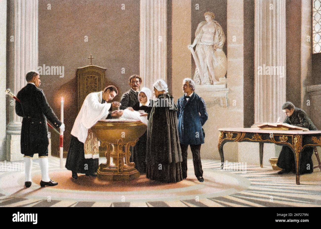 1880s BAPTISM TABLEAU IN A CATHOLIC CHURCH WITH PRIEST AND FAMILY AT BAPTISMAL FONT BY FRENCH ARTIST E. RENARD - ka9368 HAR001 HARS ARTIST SPIRITUALITY SENIOR MAN SENIOR ADULT EUROPE FATHERS MIDDLE-AGED MIDDLE-AGED MAN PRIEST MIDDLE-AGED WOMAN EUROPEAN GLOBAL PROTECTION RELIGIOUS AND DADS CONNECTION CONCEPTUAL 1880s DERIVATIVE ECONOMIC POSTCARD RITE SUPPORT E. FAITHFUL BAPTISM FAITH FONT GROWTH JUVENILES MID-ADULT MID-ADULT MAN MID-ADULT WOMAN MOMS RECESSION TOGETHERNESS UNEMPLOYMENT WORLDWIDE YOUNG ADULT MAN YOUNG ADULT WOMAN BELIEF CATHOLIC CAUCASIAN ETHNICITY DOWNTURN HAR001 OLD FASHIONED Stock Photo