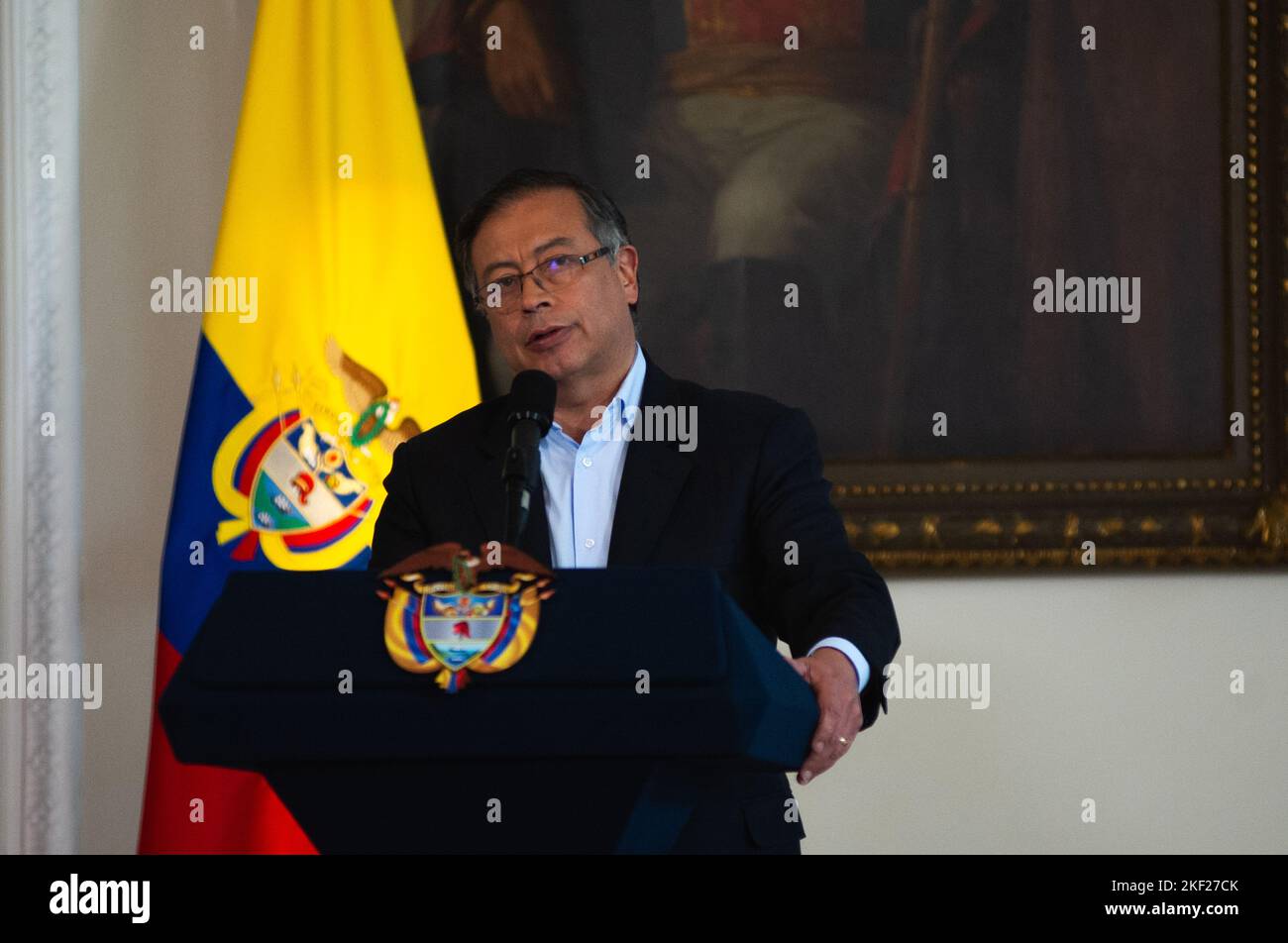 Bogota, Colombia. 15th Nov, 2022. Colombian president Gustavo Petro speaks during a press conference about the first 100 days of his government in office, in Bogota, Colombia on November 15, 2022. Photo by: Chepa Beltran/Long Visual Press Credit: Long Visual Press/Alamy Live News Stock Photo