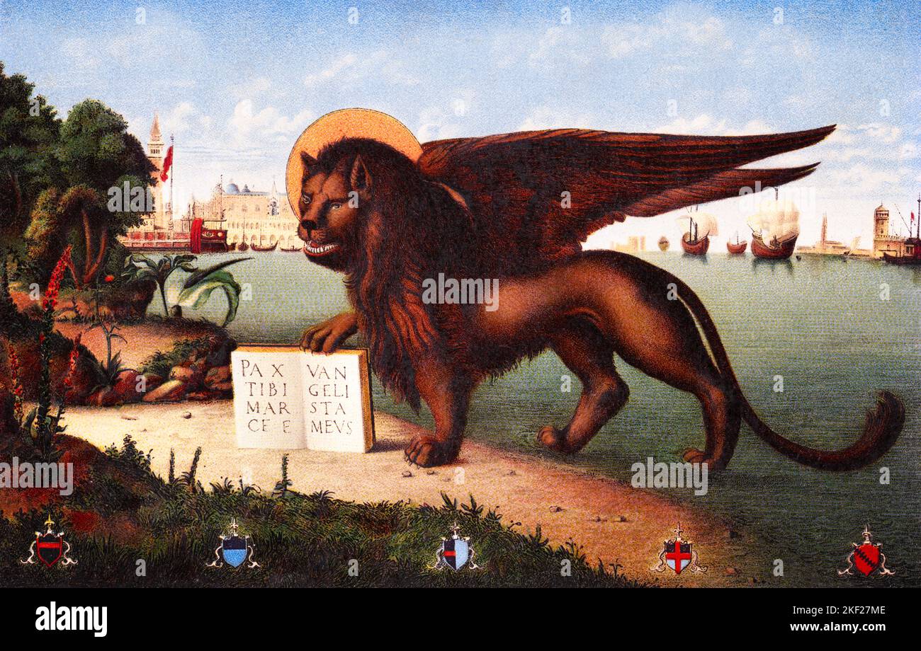 1510s VITTORE CARPACCIO’S 1516 PAINTING OF THE LION OF SAINT MARK WITH BACKDROP OF THE SKYLINE OF VENICE  - ka9376 HAR001 HARS DERIVATIVE POSTCARD FREIGHTER SYMBOLIC BACKDROP CONCEPTS MARK SHIPPING WINGED 1510s HAR001 LAGOON MARCO OLD FASHIONED REPRESENTATION SAINT MARK VESSEL Stock Photo