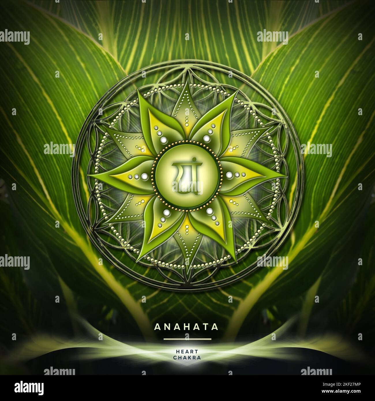HEART CHAKRA (4. Chakra, Anahata) on mystical Flower of Life background. It stands for: Acceptance, Love, Compassion, Sincerity. Affirmation: 'I LOVE” Stock Photo