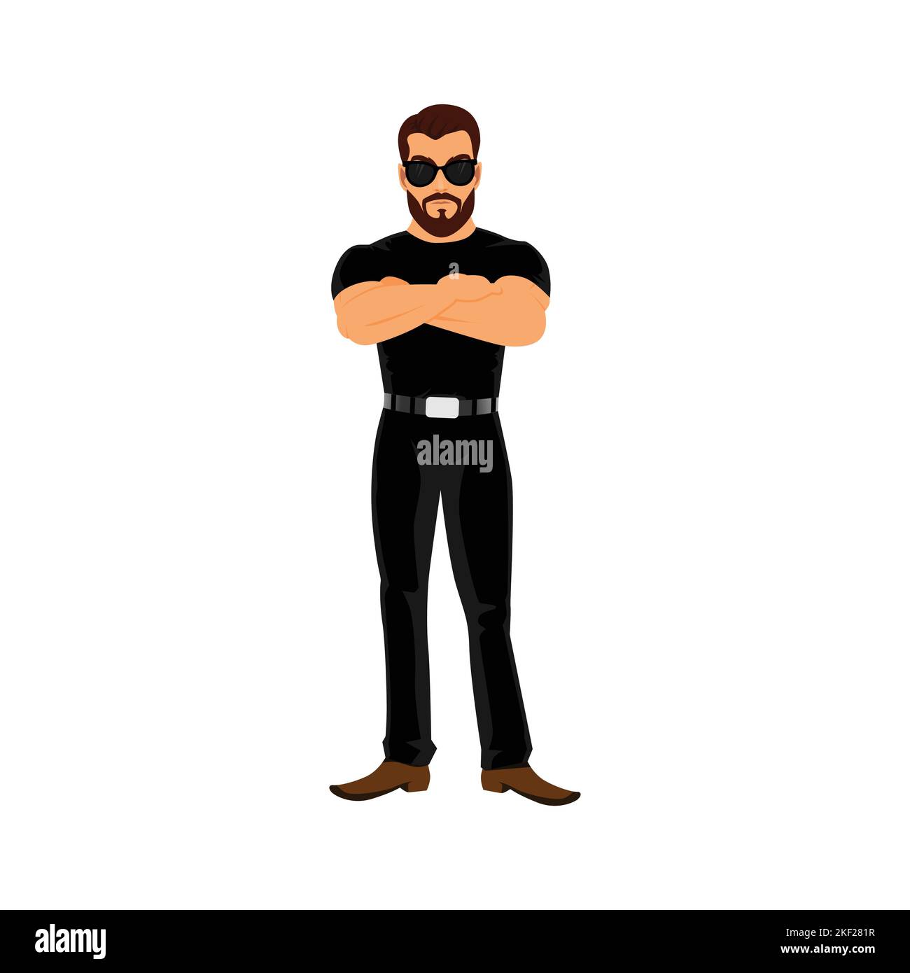 Bodyguard wearing black clothes and glasses, Guardian Isolated vector Drawing. Police Officer, Watchman, Agent Stock Vector