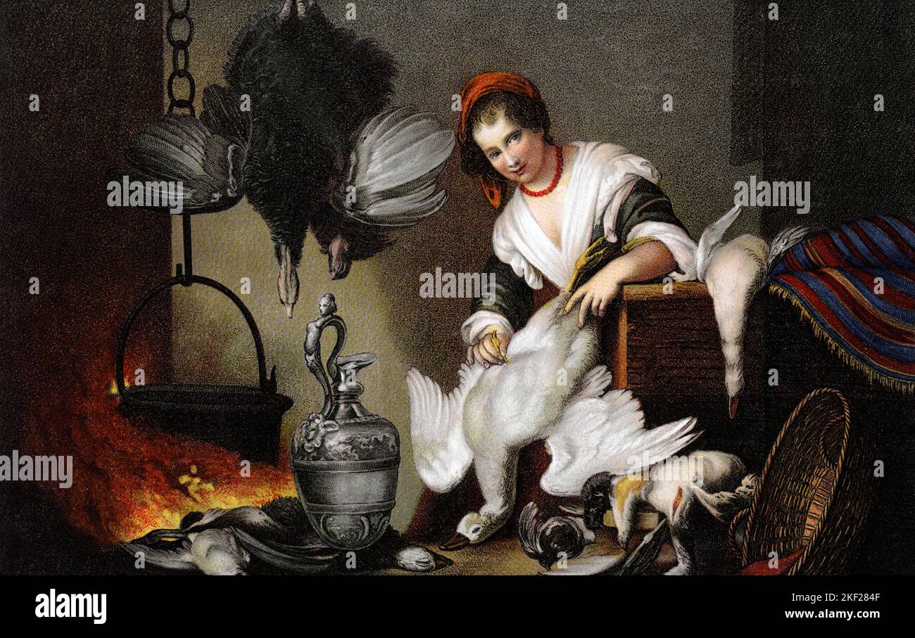 1620s THE COOK WOMAN IN KITCHEN PLUCKING FEATHERS FROM VARIOUS FOWL BY BERNARD STROZZI AKA IL CAPPUCCINO - ka9392 HAR001 HARS FEATHERS PRIDE OCCUPATIONS SERVANT AKA BERNARD DERIVATIVE POSTCARD VARIOUS OIL ON CANVAS FOWL YOUNG ADULT WOMAN 1620s CAUCASIAN ETHNICITY HAR001 IL OLD FASHIONED PLUCKING Stock Photo