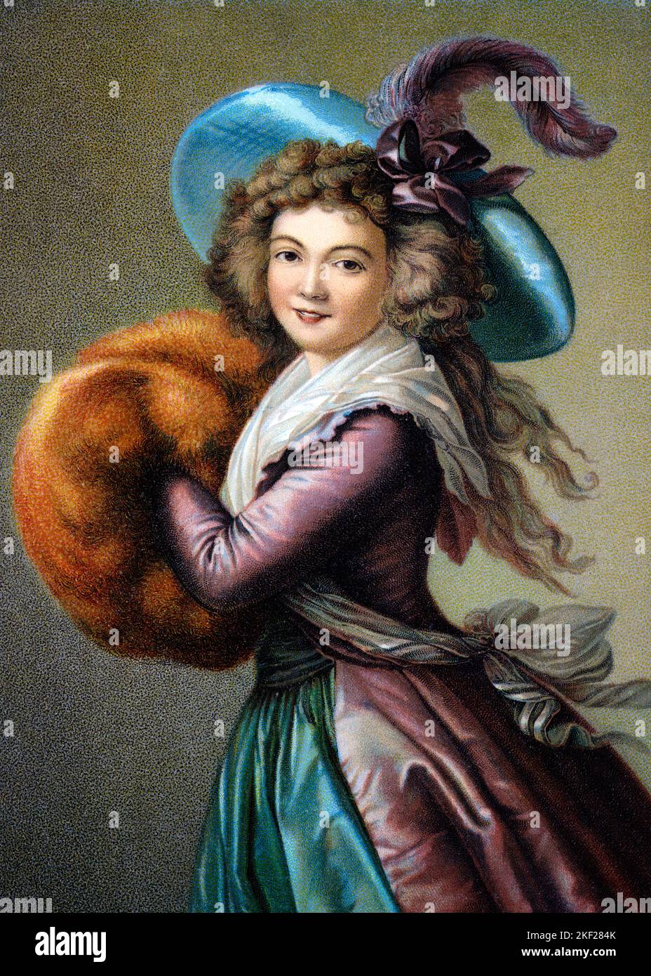 1780s MADAM MOLE RAYMOND A FASHIONABLE ACTRESS  CARRYING FUR MUFF BIG HAT WITH FEATHER BY ELISABETH VIGEE LE BRUN FRENCH PAINTER - ka9391 HAR001 HARS POSTCARD STYLISH LE ELISABETH VIGEE LE BRUN FASHIONS ROCOCO YOUNG ADULT WOMAN 1780s CAUCASIAN ETHNICITY HAR001 OLD FASHIONED Stock Photo