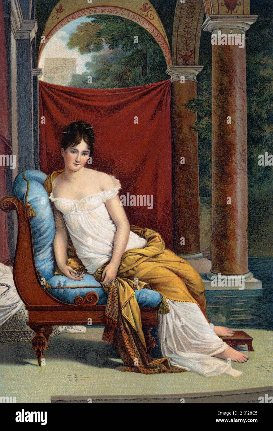 1800s MADAME RECAMIER A GREAT BEAUTY AND SOCIALITE OF HER DAY PAINTED PORTRAIT BY BARON GERARD IN 1802 - ka9400 HAR001 HARS HAPPINESS LEISURE STYLES AND PRIDE PAINTED DERIVATIVE POSTCARD STYLISH BARON CREATIVITY EMPIRE WAIST FASHIONS GERARD JULIETTE MADAME RECAMIER YOUNG ADULT WOMAN 1805 DECOLLETAGE HAR001 OLD FASHIONED SOCIALITE Stock Photo