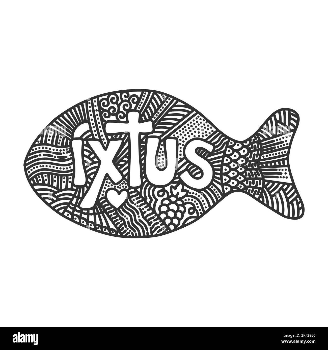 Christian illustration in a doodle style. Stylized word IXTUS - Jesus Christ, God's Son, Savior. The fish is an ancient Christian symbol. Stock Vector