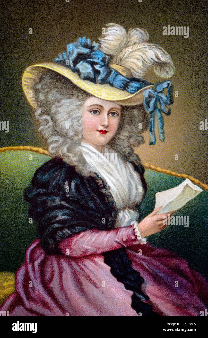 1700s MISS MILLS BRITISH ACTRESS BY JOSHUA REYNOLDS WEARING ENORMOUS HAD WITH OSTRICK FEATHERS AND BLUE RIBBONS - ka9404 HAR001 HARS ACTRESS ENTERTAINER OCCUPATIONS ACTORS DERIVATIVE PLUME POSTCARD STYLISH LARGE HAT ENTERTAINERS FASHIONS PERFORMERS 1700s 18TH CENTURY CAUCASIAN ETHNICITY GREAT BRITAIN HAR001 OLD FASHIONED UNITED KINGDOM Stock Photo