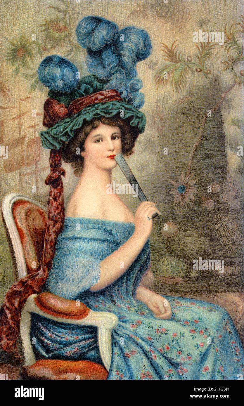 1900s LA FEMME L’EVENTAIL THE WOMAN WITH A FAN WEARING BLUE DRESS AND HAT WITH BLUE FEATHER PLUMES BY ABEL FAIVRE - ka9412 HAR001 HARS STYLES SEX BARE SHOULDERS SEDUCTIVE BY SENSUAL ART NOUVEAU DERIVATIVE POSTCARD STYLISH SEXUALLY ABEL ATTRACTIVE EXCITING FANS FASHIONS OSTRICH FEATHERS YOUNG ADULT WOMAN ALLURING CAUCASIAN ETHNICITY FLIRTATIOUS HAR001 LA OLD FASHIONED PROVOCATIVE TEMPTING Stock Photo