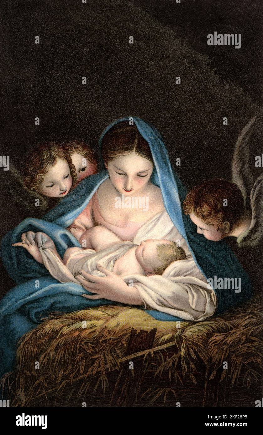 1950s THE HOLY NIGHT BY CARLO MARATTI MARY WRAPPING BABY JESUS RESTING ON STRAW MANGER WITH 3 ANGELS WATCHING OVER THEM - ka9416 HAR001 HARS MOTHERS MAGIC OLD TIME NOSTALGIA OLD FASHION 1 JUVENILE WRAPPING YOUNG ADULT PEACE SAFETY INFANT MYSTERY STRONG NATIVITY ABSTRACT JOY RELIGION CELEBRATION FEMALES JESUS COPY SPACE LADIES PERSONS INSPIRATION CARING MALES CHRISTIAN SPIRITUALITY MARY CHRIST RESTING ANGELS HAPPINESS DISCOVERY PROTECTION RELIGIOUS MERRY CHRISTIANITY MANGER DECEMBER THEM HOLY CONCEPTUAL DECEMBER 25 DERIVATIVE POSTCARD SON OF GOD BABY BOY FAITHFUL PERSONAL ATTACHMENT AFFECTION Stock Photo