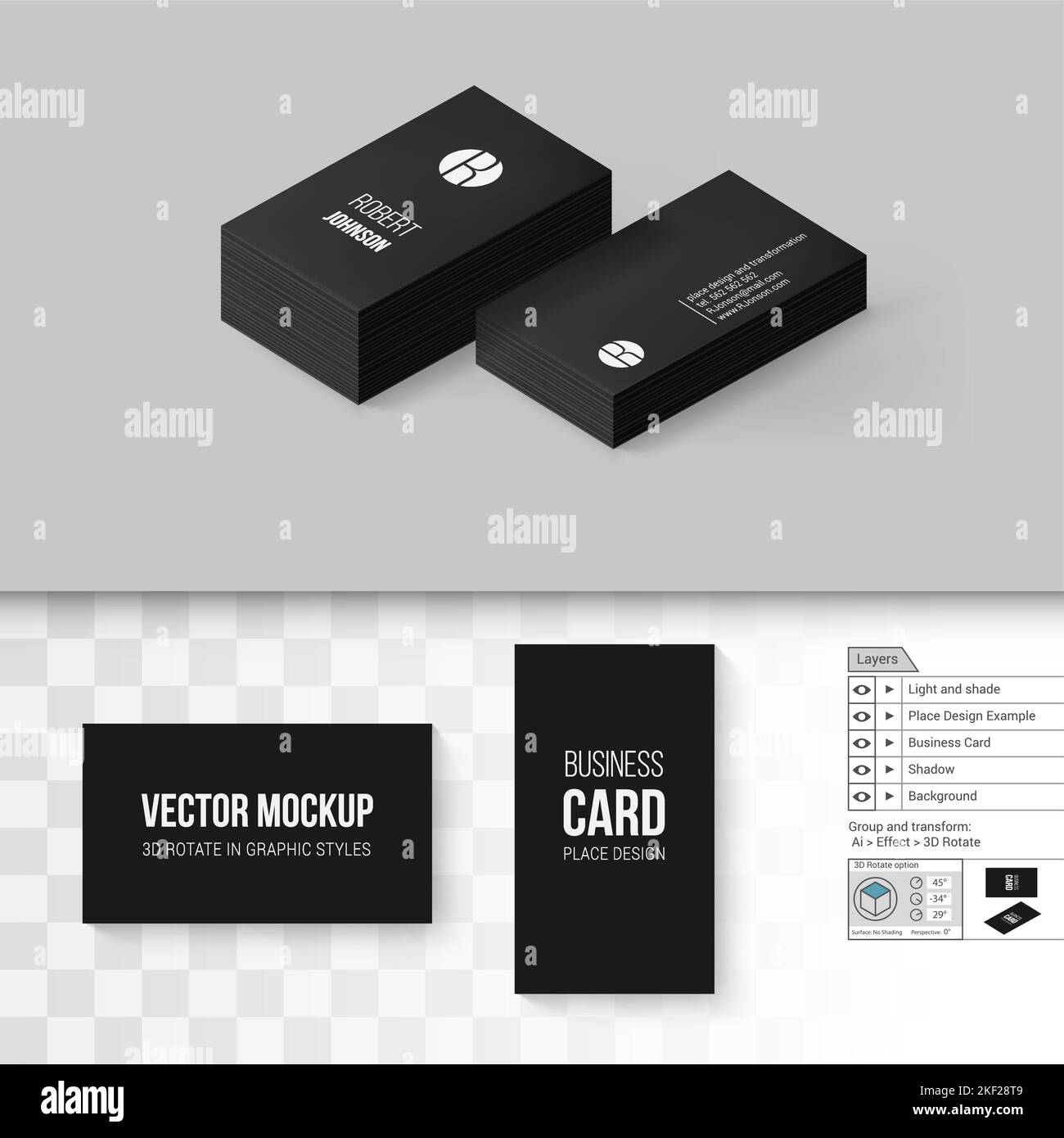 Black Business Cards Template. Branding Mock Up with 3D Rotate Options