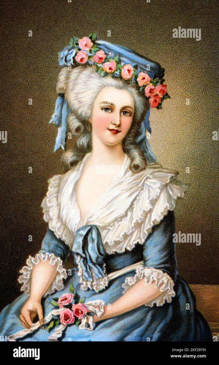 1770s MARIE THERESE LOUISE DE SAVOIE MADAME LAMBALLE FRIEND OF MARIE ANTOINETTE AFTER A PAINTING BY LOUIS-EDOUARD RIOULT - ka9424 HAR001 HARS FASHIONS MADAME PINK ROSES YOUNG ADULT WOMAN 18TH CENTURY ANTOINETTE CAUCASIAN ETHNICITY HAR001 MARIE OLD FASHIONED POWDERED SILLY HAT Stock Photo