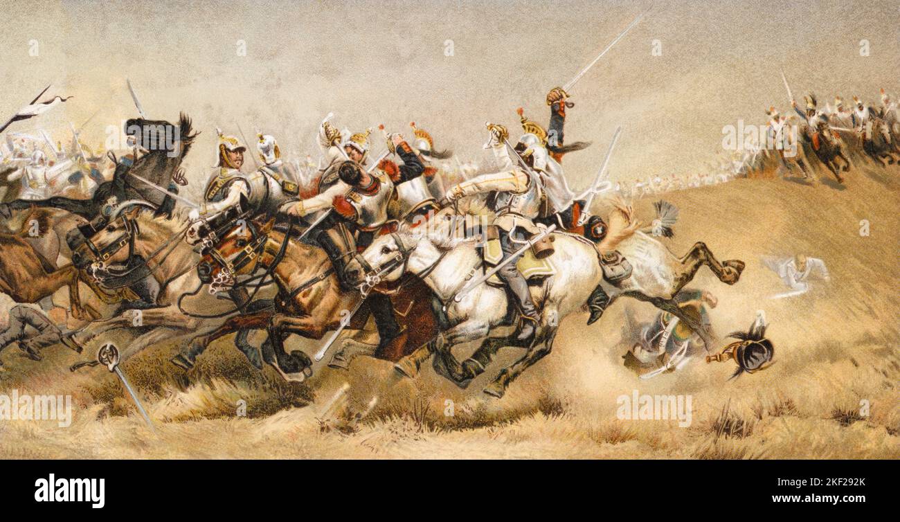1870s BATTLE OF REZONVILLE PAINTING BY AIME NICOLAS MOROT DEPICTS THE CAVALRY CHARGE DURING THE FRANCO-RUSSIAN WAR - ka9428 HAR001 HARS LEADERSHIP POWERFUL PRIDE UNIFORMS CHARGING CONCEPTUAL 1870s DERIVATIVE ESCAPE POSTCARD WARFARE HAND TO  HAND MAMMAL NICOLAS SWORDS BATTLES BATTLING CAVALRY CHARGE HAR001 OLD FASHIONED Stock Photo