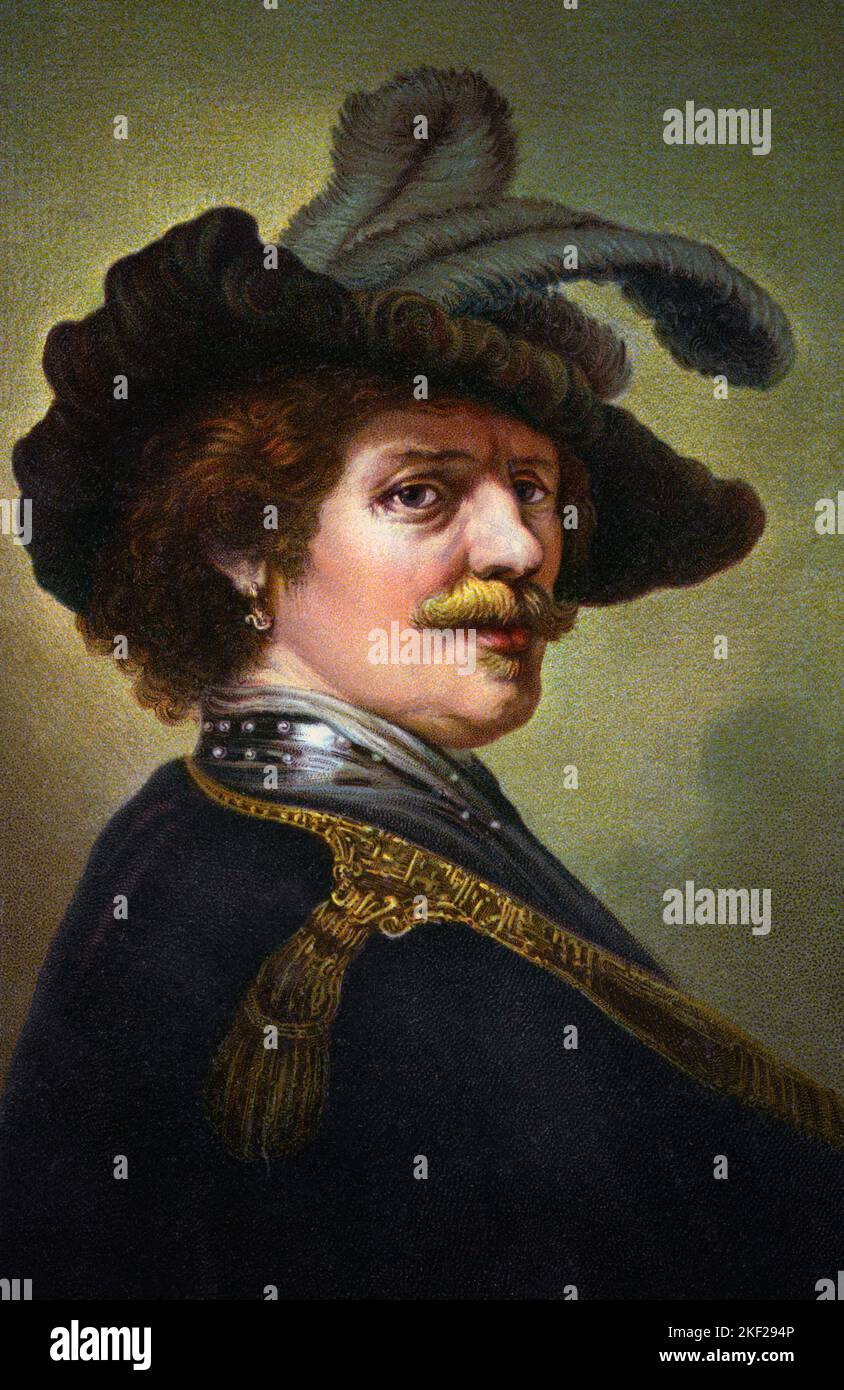 1630s SELF PORTRAIT TRONIE OF REMBRANDT AS AN OFFICER WITH LARGE FEATHERED HAT GORGET AND GOLD TRIM EPAULET AN OIL ON WOOD PANEL - ka9434 HAR001 HARS MUSTACHES AND TRIM OVER SHOULDER FACIAL HAIR OCCUPATIONS DERIVATIVE IMAGINATION POSTCARD STYLISH CREATIVITY EPAULET FEATHERED GORGET MID-ADULT MID-ADULT MAN REMBRANDT 1630s BAROQUE CAUCASIAN ETHNICITY DUTCH GOLDEN AGE HAR001 OLD FASHIONED Stock Photo