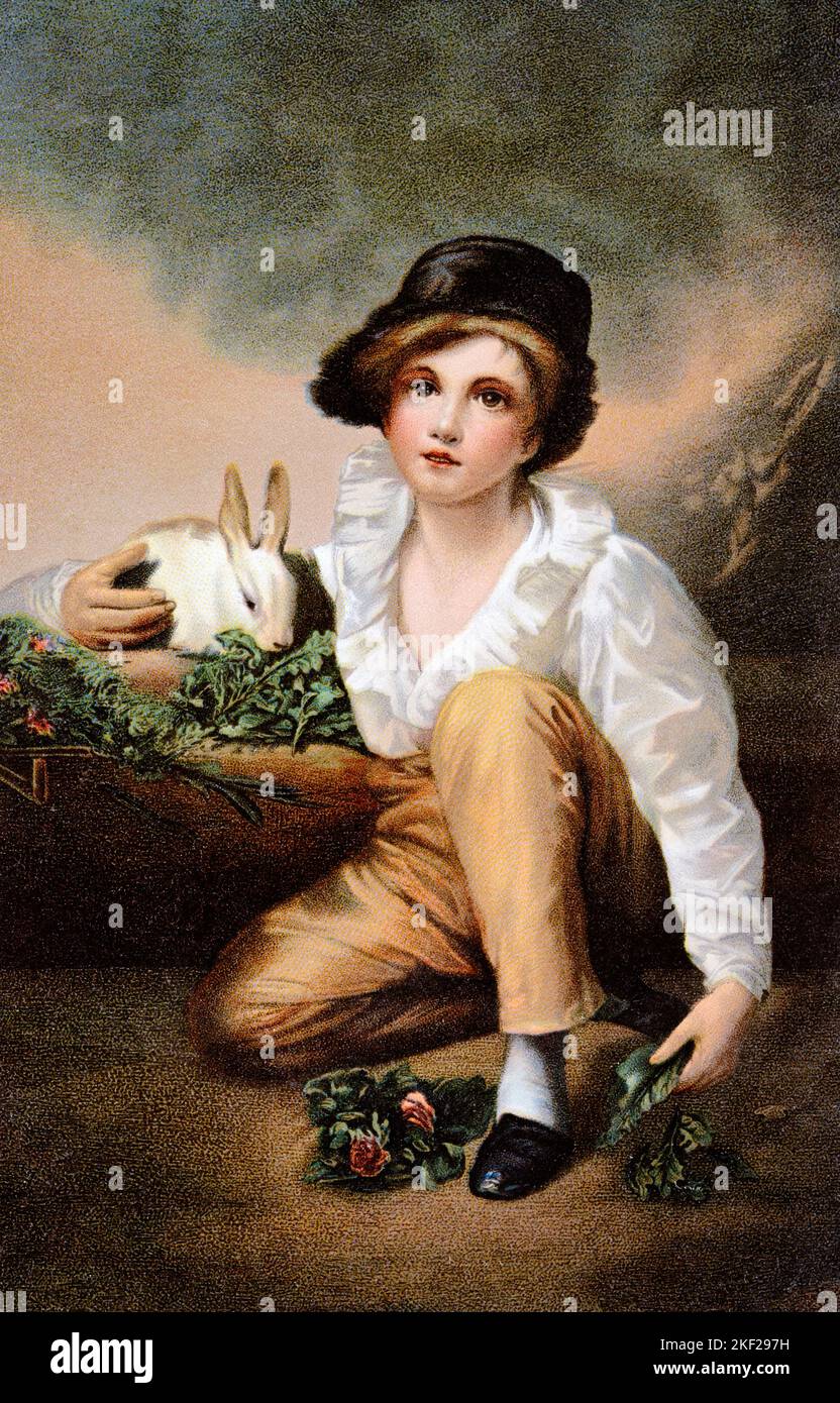 1810s A BOY AND RABBIT CHILD HAS PROTECTIVE ARM AROUND PET FEEDING IT DANDELION LEAVES BY SIR HENRY RAEBURN SCOTTISH ARTIST - ka9438 HAR001 HARS MALES ARTIST DANDELION PROTECTIVE HAPPINESS PROTECTION AND CONNECTION DERIVATIVE POSTCARD STYLISH COOPERATION JUVENILES 1810s CAUCASIAN ETHNICITY HAR001 HENRY OLD FASHIONED SIR Stock Photo