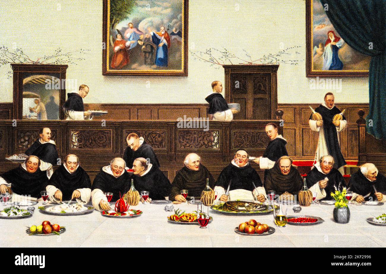1880s FRIDAY A SATIRICAL OIL PAINTING BY WALTER DENDY SADLER DEPICTS DOMINICAN MONKS HOSTING 2 FRANCISCANS TO A MEATLESS MEAL - ka9442 HAR001 HARS FAITHFUL MONASTERY COOPERATION DOMINICAN FAITH MID-ADULT MID-ADULT MAN SPIRITUAL TOGETHERNESS BELIEF CATHOLIC HAR001 INSPIRATIONAL MONKS OLD FASHIONED WALTER Stock Photo