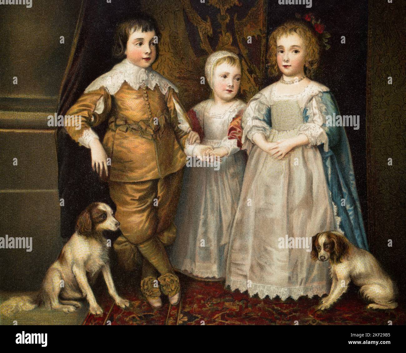 1630s 3 OLDEST CHILDREN OF CHARLES I OF GREAT BRITAIN BY FLEMISH ARTIST ANTHONY VAN DYCK PRINCE CHARLES THEN JAMES AND MARY - ka9444 HAR001 HARS LIFESTYLE FEMALES BROTHERS HOME LIFE LUXURY COPY SPACE FRIENDSHIP FULL-LENGTH DAUGHTERS PERSONS MALES ARTIST SIBLINGS SISTERS MARY BRITAIN MAMMALS STYLES AND CANINES LEADERSHIP SIBLING POOCH ANTHONY DERIVATIVE POSTCARD STYLISH ROYALTY CANINE FASHIONS GROWTH JUVENILES MAMMAL PRINCE TOGETHERNESS 1630s FLEMISH HAR001 JAMES OLD FASHIONED OLDEST Stock Photo