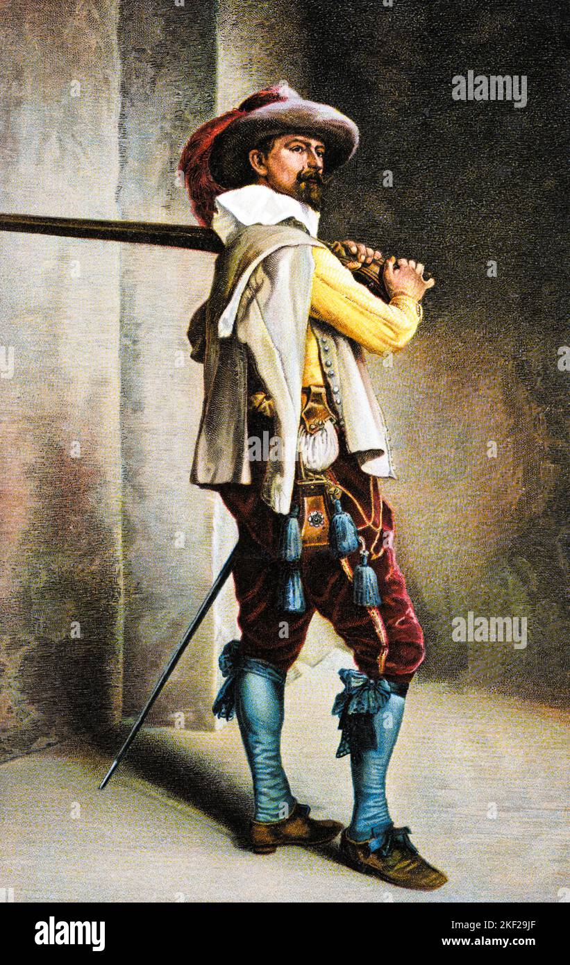 1600s A MUSKETEER IN TIME OF LOUIS XIII BY MEISSONIER DEPICTS A SINGLE MILITARY MAN MUSKET ON SHOULDER SWORD RAPIER AT SIDE - ka9451 HAR001 HARS UNIFORMS DERIVATIVE MUSKET POSTCARD RAPIER STYLISH HIGH COLLAR 1600s 1850s BEARDS DASHING LOUIS XIII MID-ADULT MID-ADULT MAN XIII DARING HAR001 MEISSONIER MUSKETEER OLD FASHIONED Stock Photo