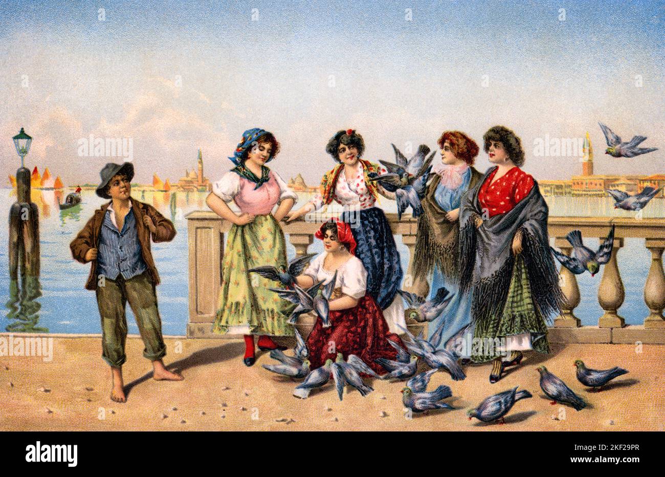 1910s CITIZENS OF VENICE IN TYPICAL COSTUMES ALONG THE CANAL WOMAN WITH PIGEONS AND DOVES AFTER VITTORIO TESSARI  - ka9459 HAR001 HARS FRIENDSHIP LADIES PERSONS MALES VENETIAN EUROPE WING HAPPINESS EUROPEAN LEISURE AND ALONG COMMON ITALY VENICE FACIAL HAIR DERIVATIVE FRIENDLY POSTCARD STYLISH WARM-BLOODED BEARDS CANAL DOVES FEATHERED JUVENILES PIGEONS TYPICAL WINGED BIPEDAL CAUCASIAN ETHNICITY CITIZENS EGG-LAYING HAR001 OLD FASHIONED Stock Photo